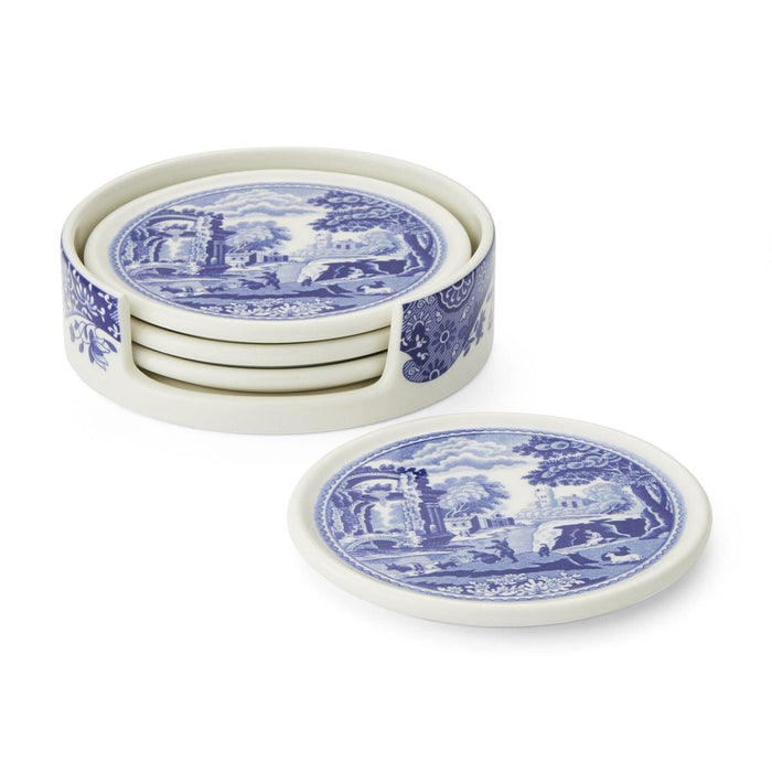 Spode - Blue Italian Ceramic Coasters 3.75" with Holder - Limolin 